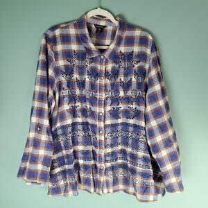 Multiples Womens Linen Floral Embroidered Button Up Plaid Shirt Size 3X Collar